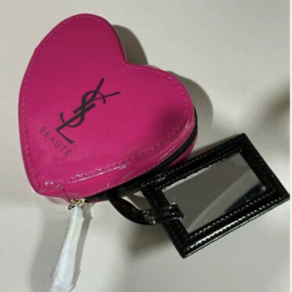 YSL Beauty GWP Hot Pink Heart Cosmetic Bag With Mirror